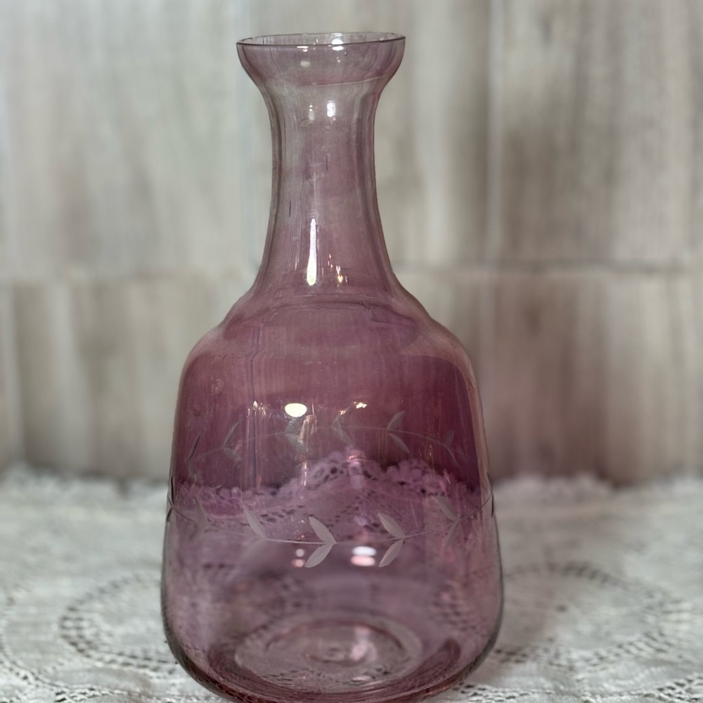 Vintage Cranberry Pink Glass Vase with Etching
